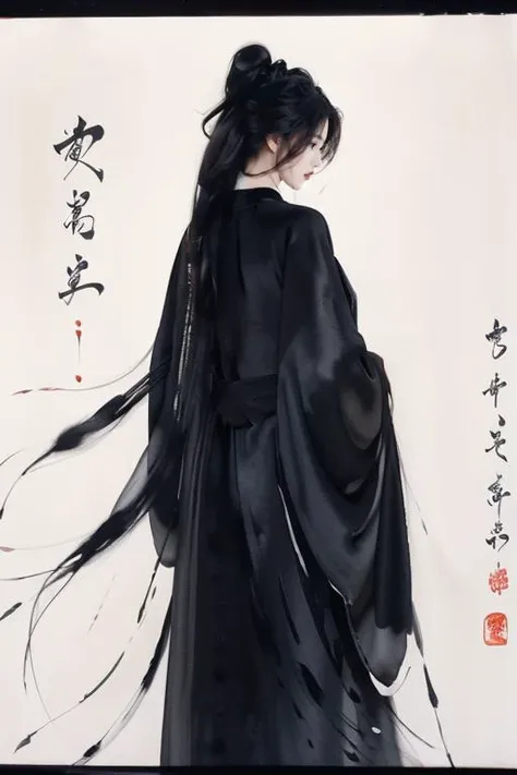 <lora:GoodHands-beta2:1>,<lora:Calligraphy-000002:0.8>,Calligraphy,small breasts,<lora:Freehand_Brushwork:0.6>,
calligraphy background,1girl,solo,black hair,long hair,robe,Inside,black background,floating hair,bust,(Black dress:1.2),(black robe:1.2),scroll,parted lips,
back,ponytail,facing back,looking away,