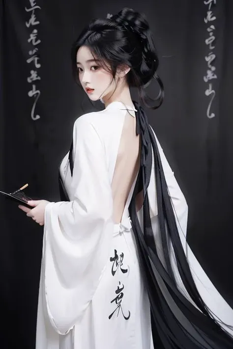 <lora:GoodHands-beta2:1>,<lora:Calligraphy-000002:0.8>,Calligraphy,small breasts,<lora:Freehand_Brushwork:0.4>,
calligraphy background,1girl,solo,black hair,long hair,robe,Inside,black background,floating hair,bust,Black dress,black robe,scroll,parted lips,
drawing,backless outfit,back,ponytail,