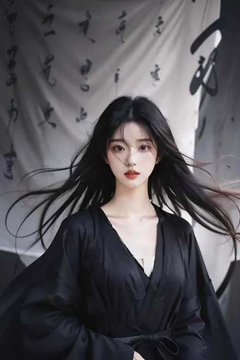 <lora:GoodHands-beta2:1>,<lora:Calligraphy-000002:0.8>,Calligraphy,small breasts,<lora:Freehand_Brushwork:0.4>,
calligraphy background,1girl,solo,black hair,long hair,robe,Inside,black background,floating hair,bust,Black dress,black robe,scroll,parted lips,