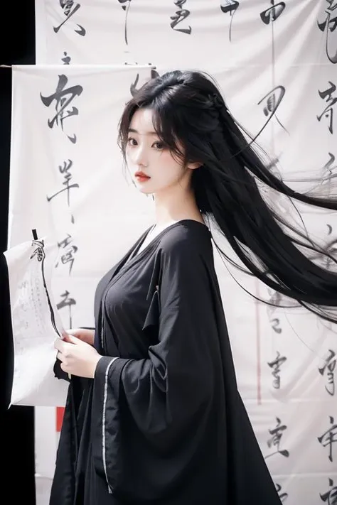 <lora:GoodHands-beta2:1>,<lora:Calligraphy-000002:0.8>,Calligraphy,small breasts,<lora:Freehand_Brushwork:0.4>,
calligraphy background,1girl,solo,black hair,long hair,robe,Inside,black background,floating hair,bust,Black dress,black robe,scroll,parted lips,