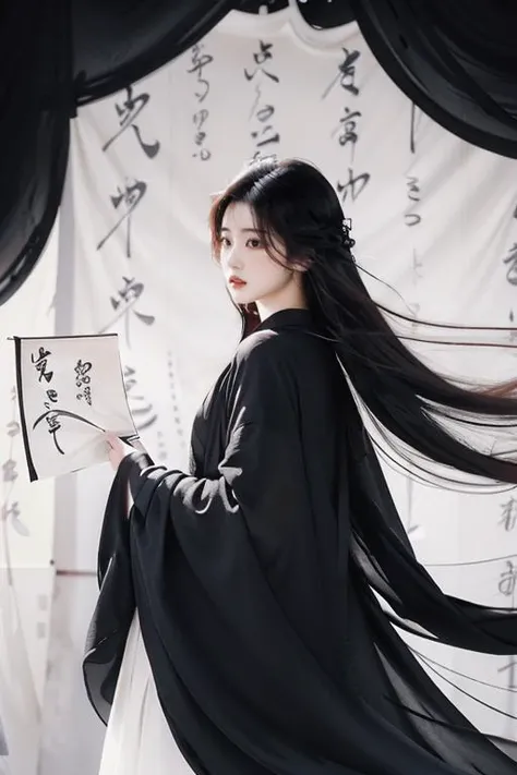 <lora:GoodHands-beta2:1>,<lora:Calligraphy-000002:0.8>,Calligraphy,small breasts,<lora:Freehand_Brushwork:0.4>,
calligraphy background,1girl,solo,black hair,long hair,robe,Inside,black background,floating hair,bust,Black dress,black robe,scroll,parted lips,