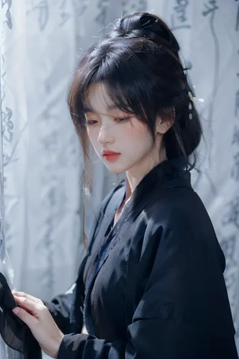<lora:Calligraphy-000001:0.8>,<lora:GoodHands-beta2:1>,
(Calligraphy background:1.5),solo,1girl,long hair,black hair,hair bun,blurry background,blurry,cursive,(Black robe:1.4),Hanfu,upper body,single hair bun,closed eyes,red lips,hanfu,lips,parted lips,chinese clothes,robe,scroll,wind,ruffling hair,floating hair,inkblot,, best quality , masterpiece, illustration, an extremely delicate and beautiful, extremely detailed ,CG,unity,8k wallpaper, Amazing, finely detail, masterpiece, best quality,official art,extremely detailed CG unity 8k wallpaper,absurdres, incredibly absurdres, huge filesize , ultra-detailed, highres, extremely detailed,beautiful detailed girl, extremely detailed eyes and face, beautiful detailed eyes,light on face,