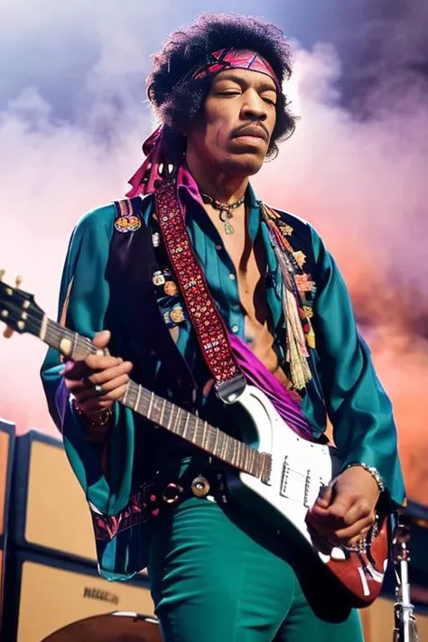 <lora:j1m1h3ndr1x_v1.0:0.8>, Full body portrait of Jimi Hendrix a man with a guitar and a bandana on his head, Detailed face, (perfect eyes), (highly detailed skin:1.1), perfect body, Modelshoot style, Professional Photography, dramatic lighting, PHOTOREALISTIC, Realistic, standing in a concert stage background, volumetric fog, RAW, analog, sharp focus, 8k, high resolution, DSLR, high quality, Fujifilm XT3, film grain, award winning,