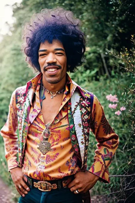 <lora:j1m1h3ndr1x_v1.0:0.8>, a realistic Full body portrait of jimi hendrix man with messy afro hair, wearing a hippie shirt, Detailed face, (perfect eyes), smiling showing teeth, (highly detailed skin:1.1), perfect body, Modelshoot style, Professional Photography, soft lighting, PHOTOREALISTIC, Realistic, sunset, in a forest field with wild flowers background, blurred background, bokeh street lights, , RAW, analog, sharp focus, 8k, high resolution, DSLR, high quality, Fujifilm XT3, film grain, award winning,