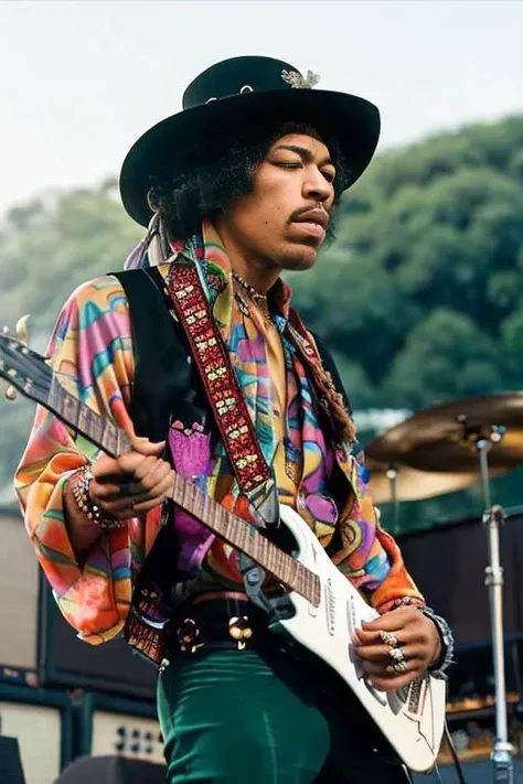 <lora:j1m1h3ndr1x_v1.0:0.9>, <lora:epiNoiseoffset_v2:1>, a full body portrait of Jimi Hendrix a man with a guitar and a hat on, Detailed face, (perfect eyes), (highly detailed skin:1.1), perfect slim body, Professional Photography, dramatic, Rim lighting, PHOTOREALISTIC, Realistic, standing in ((a concert stage)) background, blurred background, RAW, analog, sharp focus, 8k, high resolution, DSLR, high quality, Fujifilm XT3, film grain, award winning,
