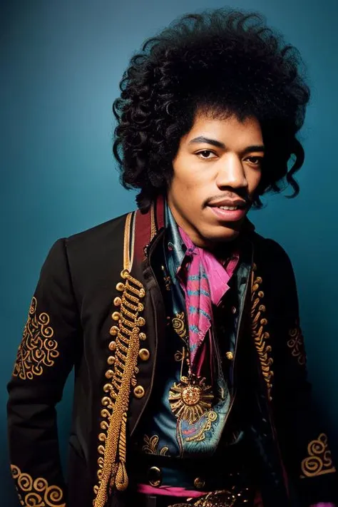 <lora:j1m1h3ndr1x_v1.0:0.8>, Full body portrait of JIMI HENDRIX man with a messy afro Hair Style, Detailed face, (perfect eyes), smiling,  (highly detailed skin:1.1), perfect body,  wearing a hussar jacket and jeans pants , Modelshoot style, Professional Photography, soft lighting, PHOTOREALISTIC, Realistic, standing in a dark studio background, blurred background, RAW, analog, sharp focus, 8k, high resolution, DSLR, high quality, Fujifilm XT3, film grain, award winning,