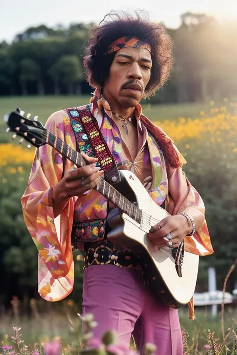 <lora:j1m1h3ndr1x_v1.0:0.9>, a realistic photo of jimi hendrix man with ((Acoustic guitar)), Detailed face, (perfect eyes), (highly detailed skin:1.1), perfect body, Modelshoot style, Professional Photography, soft lighting, PHOTOREALISTIC, Realistic, sunset, in a country field with wild flowers background, blurred background, bokeh lights, , RAW, analog, sharp focus, 8k, high resolution, DSLR, high quality, Fujifilm XT3, film grain, award winning,