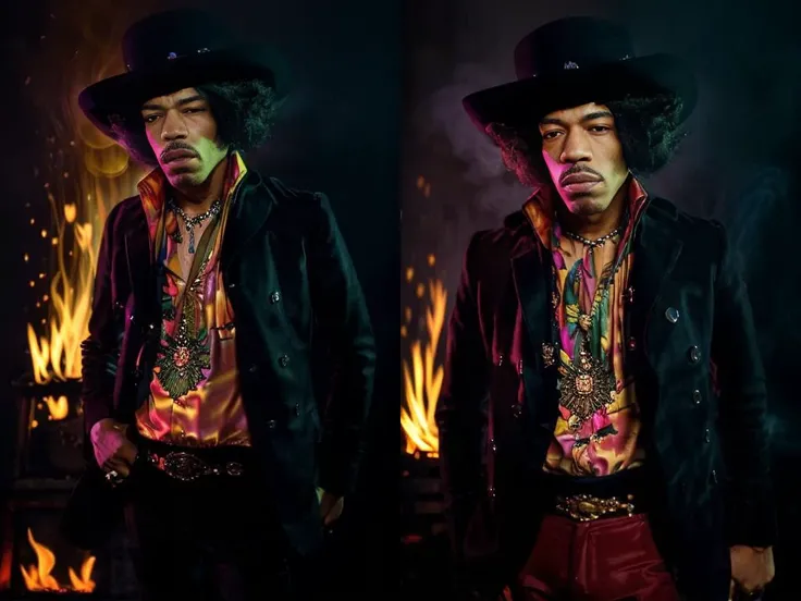 <lora:j1m1h3ndr1x_v1.0:0.9>, <lora:epiNoiseoffset_v2:1>, a full body portrait of Jimi Hendrix a man with a hat and a suit standing in front of a fire, Detailed face, (perfect eyes), (highly detailed skin:1.1), perfect slim body, Professional Photography, dramatic, Rim lighting, PHOTOREALISTIC, Realistic, standing in ((a dark studio room)) background, blurred background, RAW, analog, sharp focus, 8k, high resolution, DSLR, high quality, Fujifilm XT3, film grain, award winning,