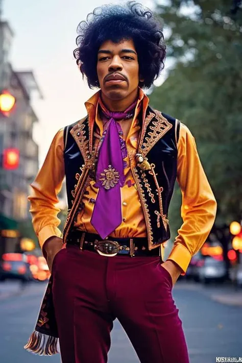 <lora:j1m1h3ndr1x_v1.0:0.8>, Full body portrait of Jimi Hendrix man with a afro hair, wearing a vest and tie, Detailed face, (perfect eyes), (highly detailed skin:1.1), perfect body, Modelshoot style, Professional Photography, dramatic lighting, PHOTOREALISTIC, Realistic, sunset, standing in a city street sidewalk background, blurred background, bokeh street lights, , RAW, analog, sharp focus, 8k, high resolution, DSLR, high quality, Fujifilm XT3, film grain, award winning,