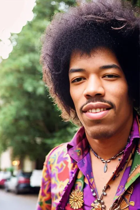 <lora:j1m1h3ndr1x_v1.0:0.9>, a realistic Full body portrait of jimi hendrix man with messy afro hair, wearing a hippie shirt, Detailed face, (perfect eyes), smiling showing teeth, (highly detailed skin:1.1), perfect body, Modelshoot style, Professional Photography, soft lighting, PHOTOREALISTIC, Realistic, sunset, standing in a city sidewalk background, blurred background, bokeh street lights, , RAW, analog, sharp focus, 8k, high resolution, DSLR, high quality, Fujifilm XT3, film grain, award winning,
