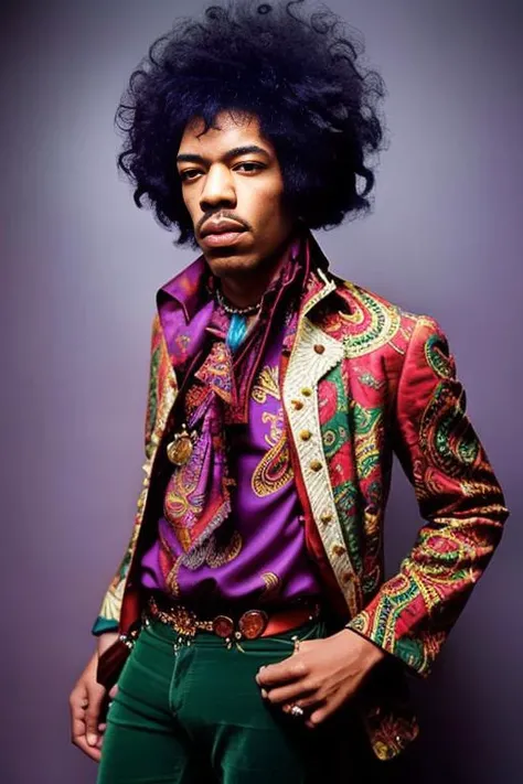 <lora:j1m1h3ndr1x_v1.0:0.8>, Full body portrait of JIMI HENDRIX man with a messy afro Hair Style, Detailed face, (perfect eyes), (highly detailed skin:1.1), perfect body, wearing Paisley print shirt and jeans pants , Modelshoot style, Professional Photography, soft lighting, PHOTOREALISTIC, Realistic, standing in a dark studio background, blurred background, RAW, analog, sharp focus, 8k, high resolution, DSLR, high quality, Fujifilm XT3, film grain, award winning,