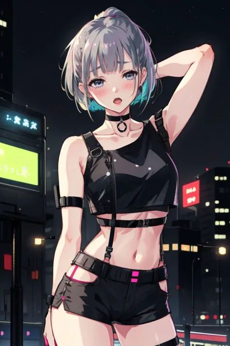 frontage、Colorful cyberpunk city background、Camisole、half-pants、colorful lighting、Smile coquettishly、silver eye、Silver Shorthair、radiant eyes、Black stockings、Back lighting、brilliance、looking at the spectator、Low Angle Lens、perfect-composition、Perfect light and shadow delicacy、in 8K、