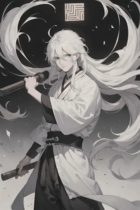 a young man, male, Long white Hair, messy and long bangs, Chinese, very calm expression, White and black hanfu, Wuxia, handsome, masterpiece, grandmaster, qi, left white eye and right black eye, strong, swordmaster. two arm only and two hands, wielding a straight double edge sword, long sword, 1 chinese sword