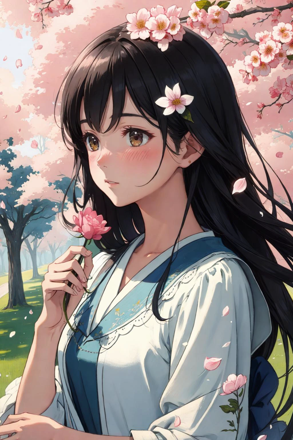 pure dreamy and clear details color pencil painting,
blurry background,blurry foreground,
1girl,
blush,depth of field,
flower,
holding flower,leaf,long hair,
motion blur petals,
petals,tree,upper body,
wind creating a dynamic scene with rich details,
soft shadows,fashion,Bright picture,cinematic light,details painting,
delicate facial features,exquisite appearance,
modern,cinematic high details