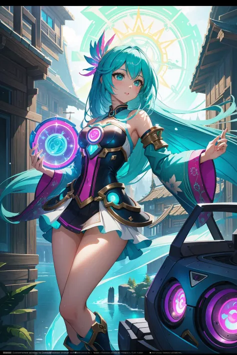1girl, League of Legends Splash Art, lots of details, Mint green mist, masterpiece, Concept artist, professional, fluorescent pink flakes, octane engine, vibrant, extremely detailed CG Unity 8k wallpaper, Instagram, absurdres, Teal and Plum, High quality, cinematic, extremely hyper aesthetic, Light streaks, Unsplash, Demoscene [Casual|Fluid] ([Ski chalet|Temple]:1.3) from inside of a Floating hotel, fairy tale, RTX, behance, Afrofuturism, vintage, Highres, hearthstone artwork, hyperdetailed, layered textures, adobe lightroom, surreal, Cyan and fluorescent green fractal art, beautiful, Luminous trails, UHD, majestic, Dark Academia, surreal design, Pixabay, Libra constellation, pixiv, poster art, artstation, dreamy magical atmosphere, trending on CGSociety, intricate details, Cathode tube