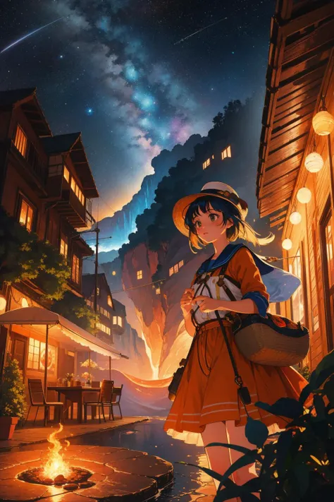 1girl, awardwinning 50s illustration style of an intricate background, Delicious Enchanted ("Lifeboat":1.3) , Puny street in background, lush lava pit with Acacia, at Golden hour, Bokeh, [ (by Matt Wagner:0.8) | (John Atkinson Grimshaw:0.9) | (Jeffrey Catherine Jones:0.7) ], Ultrarealistic, Relieving, Funk Art, Starlight, Fish-eye Lens, Cold Colors, Luminous trails, Space and Flame, most beautiful artwork in the world, ultra high res