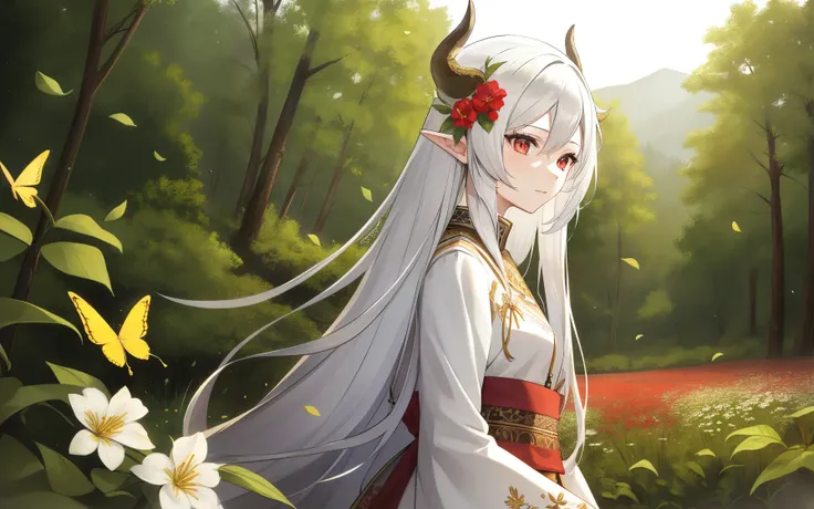 field, 1girl, white_hair, long_hair, red_eyes, very_long_hair, horns, forest, rocks, solo, solo_focus, night, butterflies, flowers, leaves, highly detailed, detailed background, lake, petals