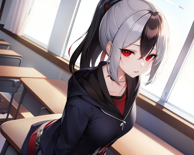 kayoko, school, classroom, day, halo, red eyes, 1girl, solo, medium breasts