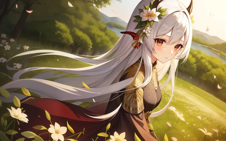 field, 1girl, white_hair, long_hair, red_eyes, very_long_hair, horns, forest, rocks, solo, solo_focus, night, butterflies, flowers, leaves, highly detailed, detailed background, lake, petals