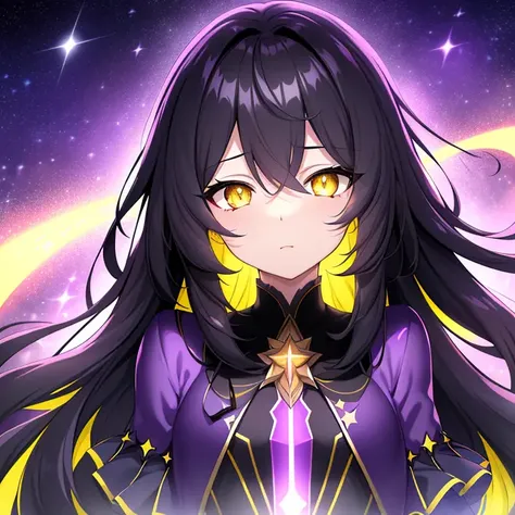 masterpiece, highres, black_hair, starry_sky, starry_background, yellow_eyes, very_long_hair, magic_glow, purple and yellow clothes, magic, magic particles, beautiful, (dark colors, dark, low color gamma, low brightness:1.3)