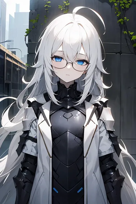 1girl, solo, outdoors, white hair, very long hair, ahoge, blue eyes, overgrown, rust, petite, pale skin, expressionless, cold attitude, looking at viewer, flat chest, white coat, black blouse, futuristic, armored, half-closed eyes, ray tracing, glasses, straight hair, solo, heavy armored
