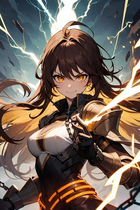 1girl, brown hair, long hair, ahoge, brown eyes, horror, eerie, torture, pain, suffering, injury, chains, electricity, yellow lightning, v-shaped eyebrows, yellow lightning aura, evil, villain, manipulating lightning, ragged clothes, yellow inner hair, spikes, lightning horns, belts, energy, floating hair, gauntlets, smirk, glowing eyes