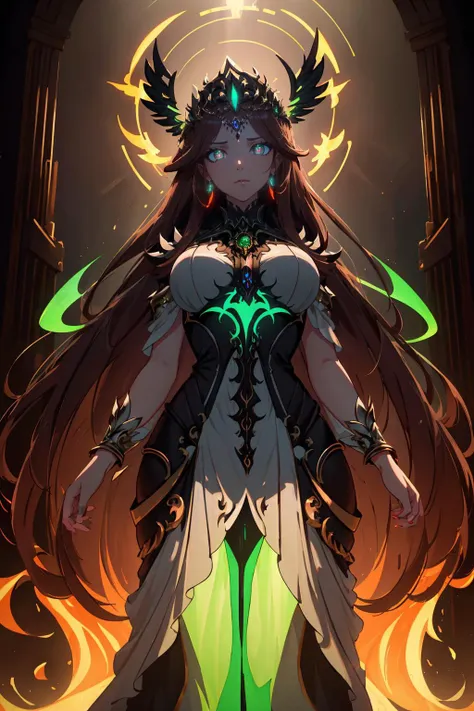 masterpiece, 8k, dslr, ultra-high quality, perfect face, clean, flawless, ((a goddess of death in reaper outfit, radiating dark aura, intimidating)), looking at viewer, very long brown hair, jewelery, hair ornament, cinematic lighting, glowing green eyes, detailed eyes, beautiful skin, attractive, ultra-high resolution, high-definition, <lora:goddess:0.75>