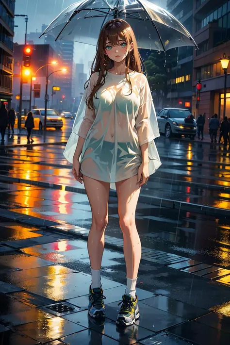 (full body shot) 22 year old Spanish woman, ((wet from rain)) long golden brown hair, green eyes, ((wearing an oversized shirt, socks with high--tops)), (best quality, masterpiece:1.2), (photo-realistic), standing in the rain, cityscape, night, wet, photon mapping, physically-based rendering