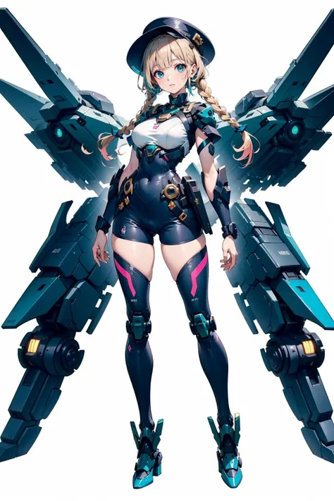 masterpiece,best quality,super detail,8K,textured skin, 1 (22 years old Spanish woman), medium breast, normal waist, dark golden blonde hair, (green detailed eyes), beautiful face, braid, solo, white background, twin braids, multicolored hair, simple background, bangs, standing, blue hair, looking at viewer, (mecha musume) ,long hair, two-tone hair, pink headwear, (robot, full body), blunt bangs, <lora:Rexmechav2:0.5>
