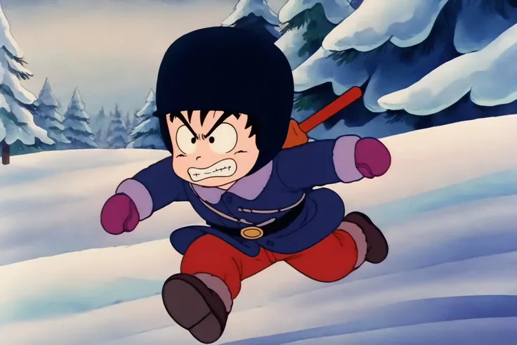 source_anime, score_9, score_8_up, score_7_up, anime screencap,8k, absurd res,
son goku, solo, black hair, gloves, 1boy, male focus, boots, outdoors, teeth, black eyes, coat, clenched teeth, snow, winter clothes, red mittens, blue coat, fur boots, belt, fur hat, shoe soles, running, v-shaped eyebrows, raised eyebrows, red pants, 1980s \(style\), chibi, nyoibo, weapon on back, male , retro artstyle
<lora:gokudb_pony_v2:0.8>