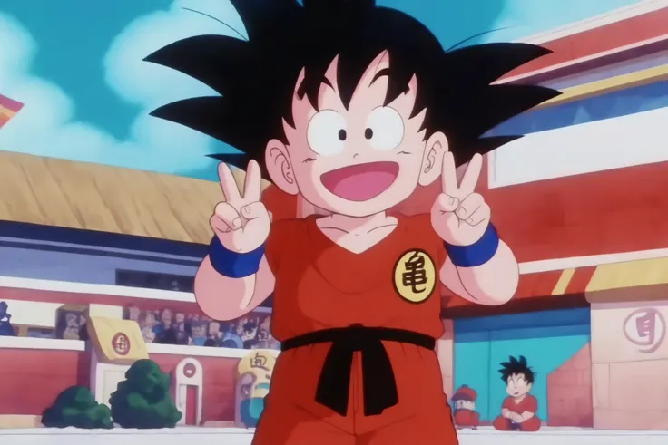 source_anime, score_9, score_8_up, score_7_up, anime screencap,8k, absurd res,
son goku, solo, open mouth, black hair, 1boy, male focus, outdoors, sky, :o, black eyes, arms up, v, spiked hair, wristband, clothes writing, double v, male child, dougi, orange sky, cowboy shot, symbol, red pants, red topwear, print topwear, looking at another, raised eyebrows, collarbone, blue wristband, black sash, 1980s \(style\), arena, retro artstyle, sleeveless
<lora:gokudb_pony_v2:0.8>