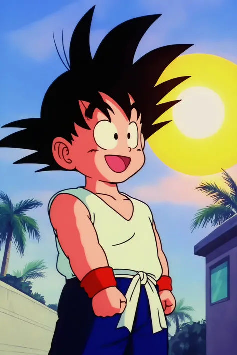 source_anime, score_9, score_8_up, score_7_up, anime screencap,8k, absurd res, 
son goku, solo, smile, open mouth, black hair, 1boy, :d, male focus, outdoors, sky, cloud, black eyes, tree, cloudy sky, grass, spiked hair, wristband, palm tree, arms at sides, dougi, red wristband, (white vest), sun, sunset, raised eyebrows, male child, looking at another, cowboy shot, clenched hands, chibi, blue pants, blue sash, collarbone, sleeveless
 <lora:gokudb_pony_v2:0.8>