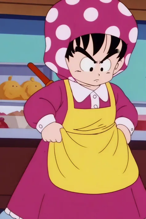 source_anime, score_9, score_8_up, score_7_up, anime screencap,8k, absurd res, 
son goku, solo, black hair, long sleeves, 1boy, pink dress, male focus, black eyes, apron, v-shaped eyebrows, frown, polka dot, shawl, clothes grab, child, crossdressing, male child, yellow apron, looking down, 1980s \(style\), chibi, nyoibo, weapon on back, retro artstyle
 <lora:gokudb_pony_v2:0.8>