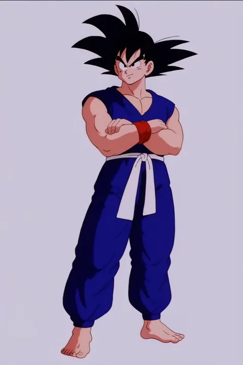 source_anime, score_9, score_8_up, score_7_up, anime screencap,8k, absurd res,
1boy, solo,
son goku, aged up, solo, simple background, black hair, 1boy, white background, standing, full body, male focus, barefoot, pants, black eyes, muscular, crossed arms, pectorals, muscular male, spiked hair, blue pants, dougi, v-shaped eyebrows, v-shaped eyes, toenails, hand on arm, white sash, blue topwear, bare arms, sleeveless
<lora:gokudb_pony_v2:0.8>