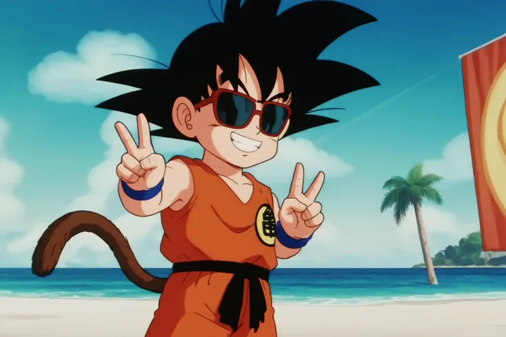 source_anime, score_9, score_8_up, score_7_up, anime screencap,8k, absurd res, 
son goku, solo, looking at viewer, smile, black hair, 1boy, male focus, outdoors, sky, cloud, grin, tree, v, ocean, beach, sunglasses, spiked hair, wristband, palm tree, dougi, black sash, blue wristband, cowboy shot, fingernails, clothes writing, male child, orange topwear, orange pants, print topwear, monkey tail, teeth, symbol, arm at side, sleeveless
 <lora:gokudb_pony_v2:0.8>