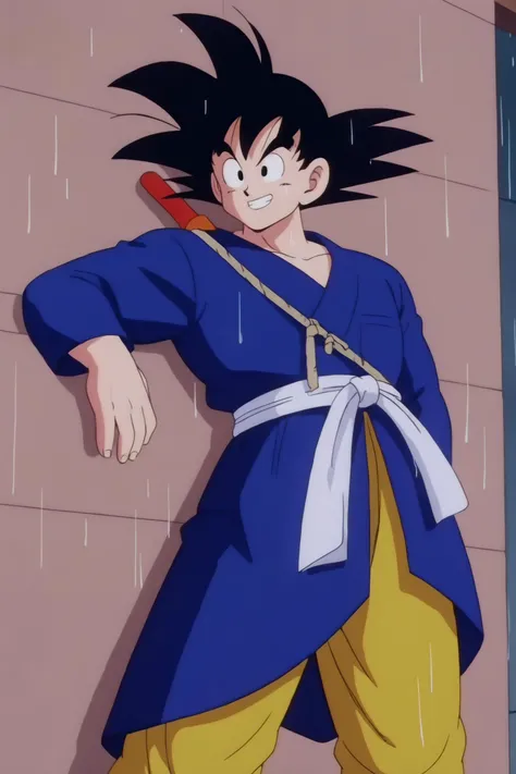 source_anime, score_9, score_8_up, score_7_up, anime screencap,8k, absurd res,
son goku, aged up, solo, smile, black hair, 1boy, male focus, boots, black eyes, spiked hair, rain, yellow pants, leaning against wall, hand on wall, blue kimono, long sleeves, weapon on back, nyoibo, looking at another, fingernails, 1980s \(style\), blue footwear, black undershirt, retro artstyle
<lora:gokudb_pony_v2:0.8>