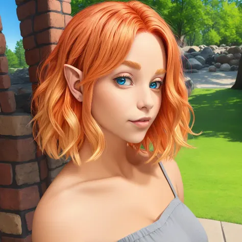 masterpiece, 1girl, a beautiful elf woman,  <lora:Ombre Hair:.5>, woman with blonde to red ombre hair, full body image, bob hair,