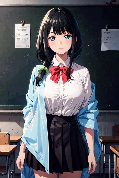 masterpiece, best quality, sssshass, 1girl, , solo,, black hair, , blue eyes,, long hair, shawl, , looking at viewer, black skirt, white shirt, bangs, red bowtie, standing, green hair scrunchie, cowboy shot, classroom, large breasts, low side ponytail, <lora:sssshass3:1>
