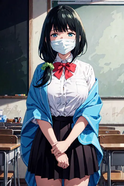 masterpiece, best quality, sssshass, 1girl, , solo,, black hair, surgical mask,, blue eyes,, long hair, shawl, , looking at viewer, black skirt, white shirt, bangs, red bowtie, standing, green hair scrunchie, cowboy shot, classroom, large breasts, low side ponytail, <lora:sssshass3:1>,