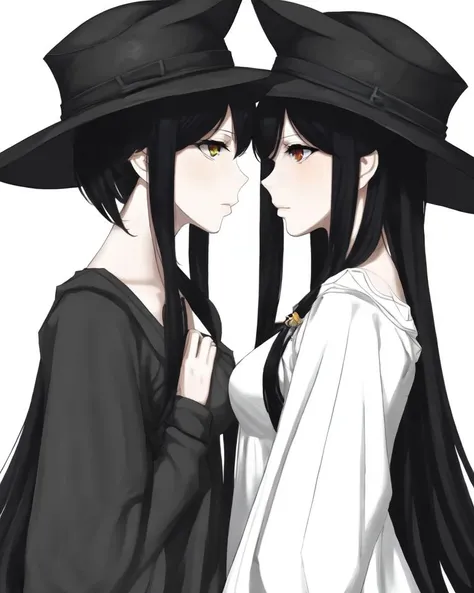 dal, , (best quality, masterpiece, intricate detail:1.2), 2girls, hat, heterochromia, long_hair, long_sleeves, multiple_girls, short_hair, siblings, sisters, twins, very_long_hair,