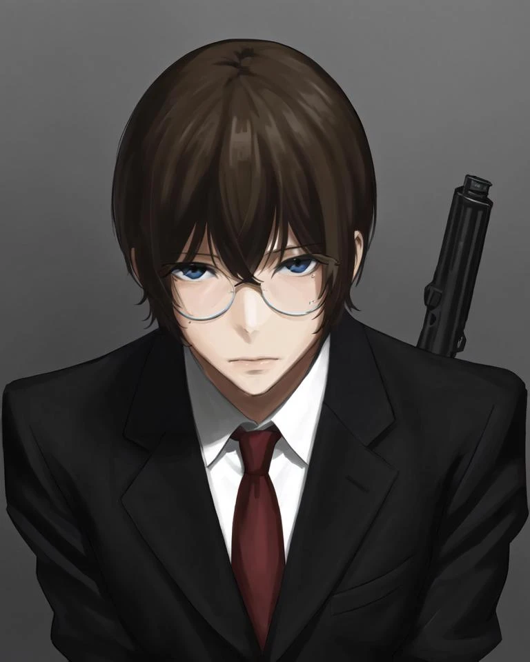 dal, , (best quality, masterpiece, intricate detail:1.2), 1boy, bad_id, bad_pixiv_id, brown_hair, eyewear_removed, formal, glass, glasses, gloves, gun, hibari_kyouya, katekyo_hitman_reborn!, male_focus, necktie, photoshop_(medium), solo, suit, sunglasses, wavesheep, weapon,