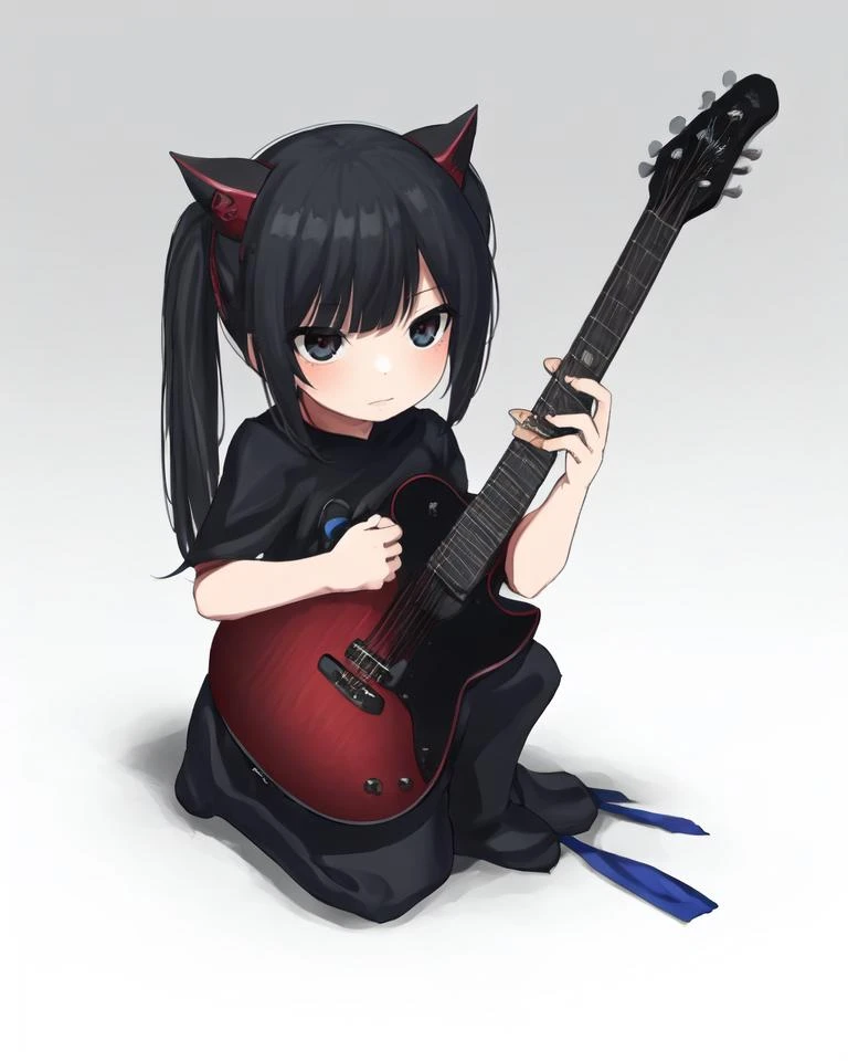 dal, , (best quality, masterpiece, intricate detail:1.2), 1girl, acoustic_guitar, angela_balzac, bodysuit, chibi, full_body, guitar, headgear, holding, holding_instrument, instrument, kneeling, long_hair, low_twintails, motion_lines, playing_guitar_with_teeth, poncho, rakuen_tsuihou, serizawa_enono, shadow, sign, simple_background, solo, tin_can, twintails, very_long_hair, white_background,