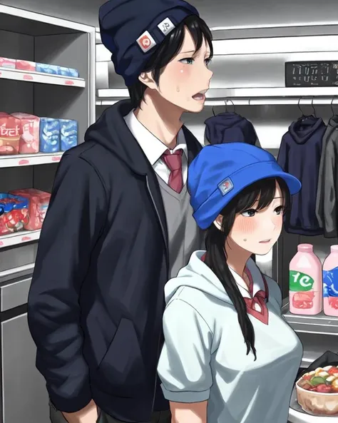 dal, , (best quality, masterpiece, intricate detail:1.2), 3boys, beanie, blazer, convenience_store, employee_uniform, hat, hood, hoodie, jacket, kizaki_kyouhei, multiple_boys, ooiwa_wataru, original, parari_(parari000), photoshop_(medium), scar, shop, super_heroine_boy, sweat, tabata_yuu, tearing_up, trembling, uniform,