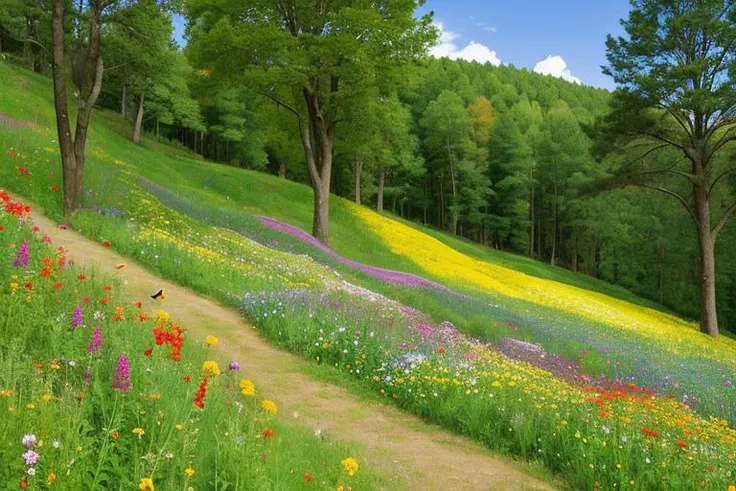 slope, wildflowers, colors, shapes, trees, bushes, shade, bees, butterflies, fragrance, breeze, canvas, photograph.