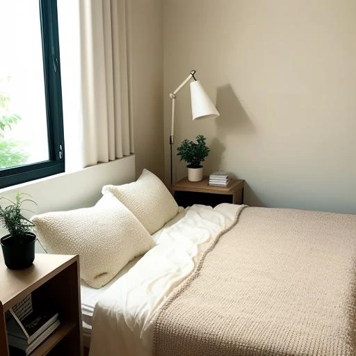 bedroom, cozy, comfortable, muted, cream, wall, ambiance, bedside lamp, soft, harmonious, bedding, pillows, minimalist, writing desk, chair, window, scenic, plants, decor, natural, lively, rest, family, friends.