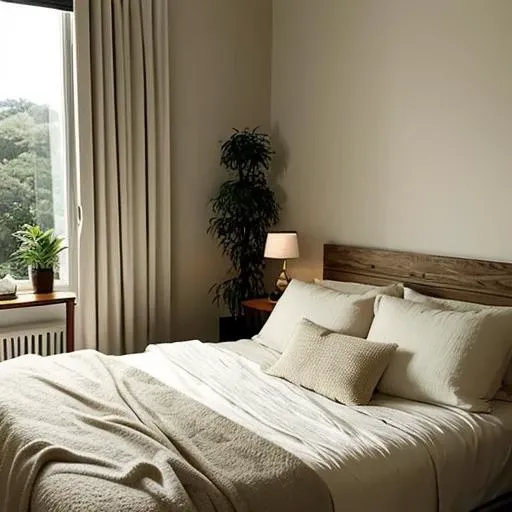 bedroom, cozy, comfortable, muted, cream, wall, ambiance, bedside lamp, soft, harmonious, bedding, pillows, minimalist, writing desk, chair, window, scenic, plants, decor, natural, lively, rest, family, friends.