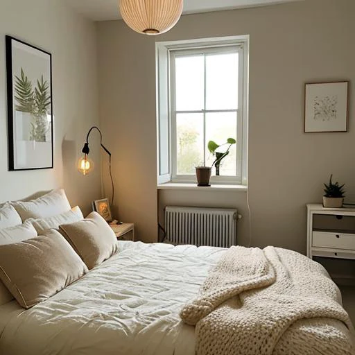 bedroom, cozy, comfortable, muted, cream, wall, ambiance, bedside lamp, soft, harmonious, bedding, pillows, minimalist, writing desk, chair, window, scenic, plants, decor, natural, lively, rest, family, friends.