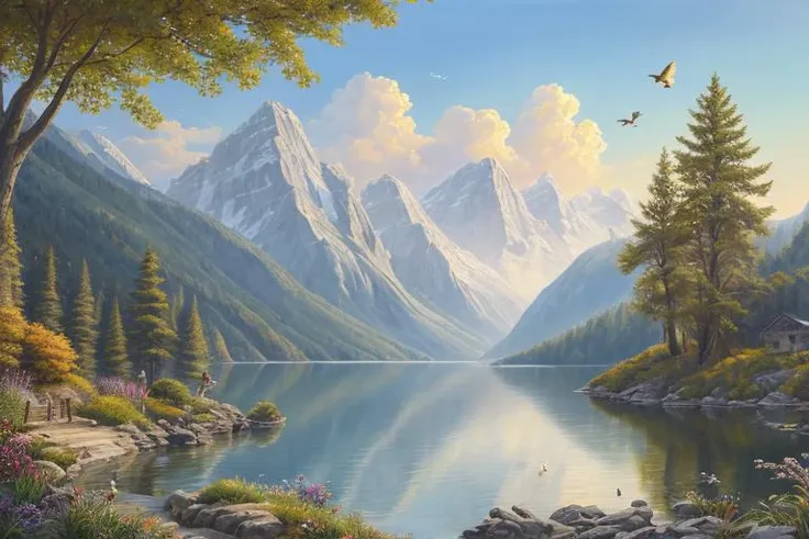 {{sunshine, lake, mountain, a bird is flying}},(best quality), masterpiece, best quality, high quality,scenery, outdoors,landscape, professional (landscape painting) of nature,Depth of Field,Photorealistic,extremely detailed,High Detail, (ultra highres), (hyper-detailed), (super detail:1.3), professional lighting