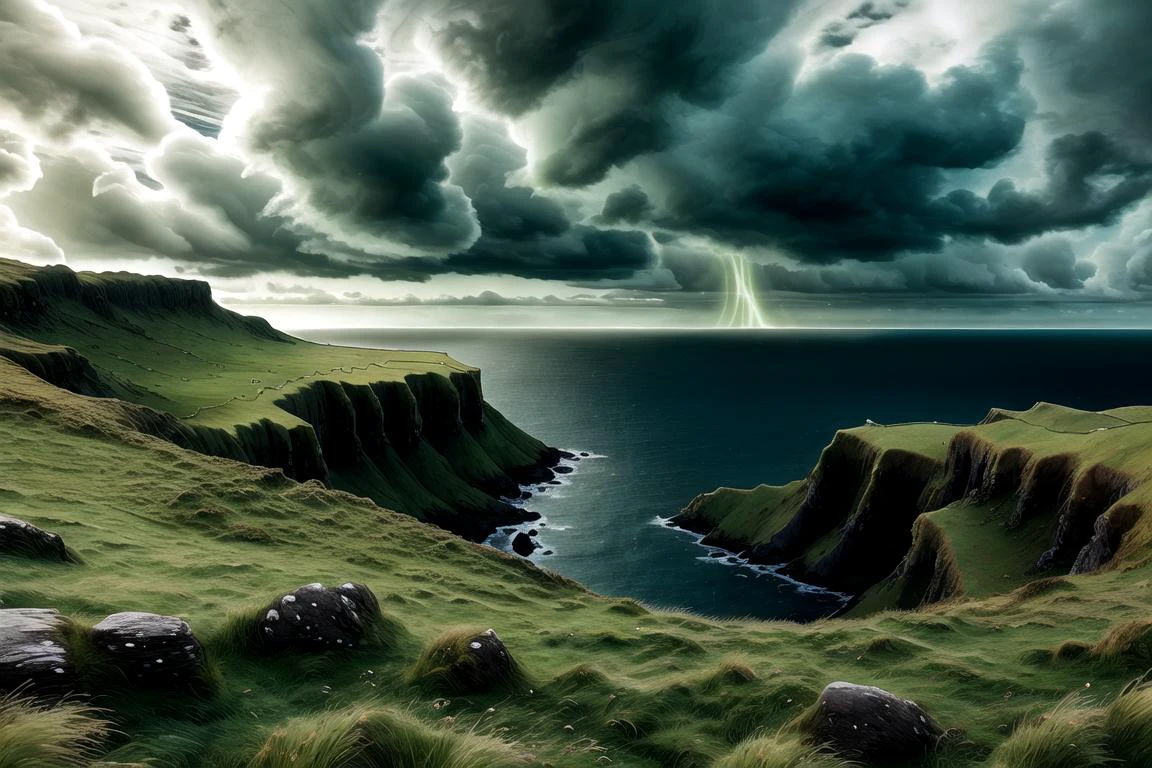 a beautiful Irish landscape, grassy hills, Ireland, beautiful ocean, ocean cliffs, night time, night sky, dark sky, storm, realistic, beautiful detail, sharp detail, high quality, abyssaltech, dark energy, ethereal, dissolving, see-through, abyss, <lora:AbyssalTech:1>