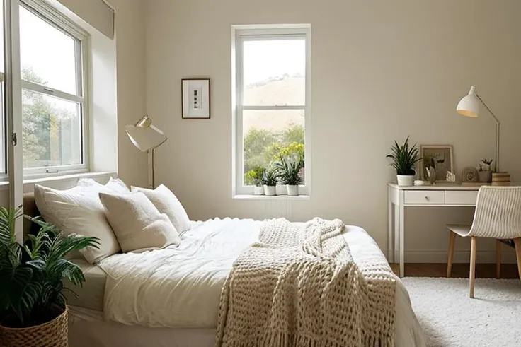 bedroom, cozy, comfortable, muted, cream, wall, ambiance, bedside lamp, soft, harmonious, bedding, pillows, minimalist, writing desk, chair, window, scenic, plants, decor, natural, lively, rest, family, friends.